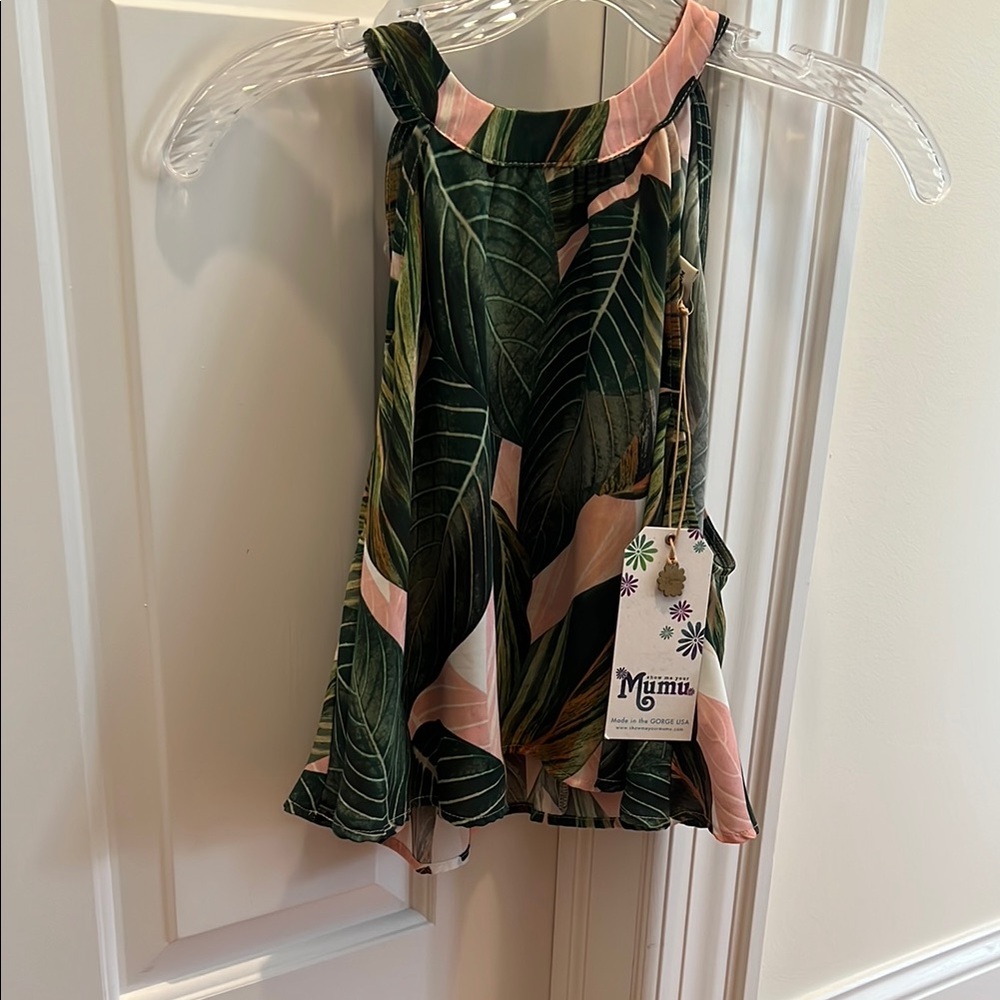Show Me Your Mumu Mateo Tie Back Top Green and Pink Leaf Print Size Medium NWT